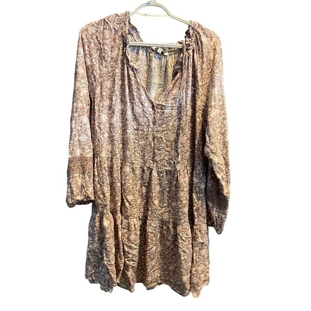 Wallflower Womens Floral Boho Tiered Mini Dress Dusty Rose Lace Inset Large